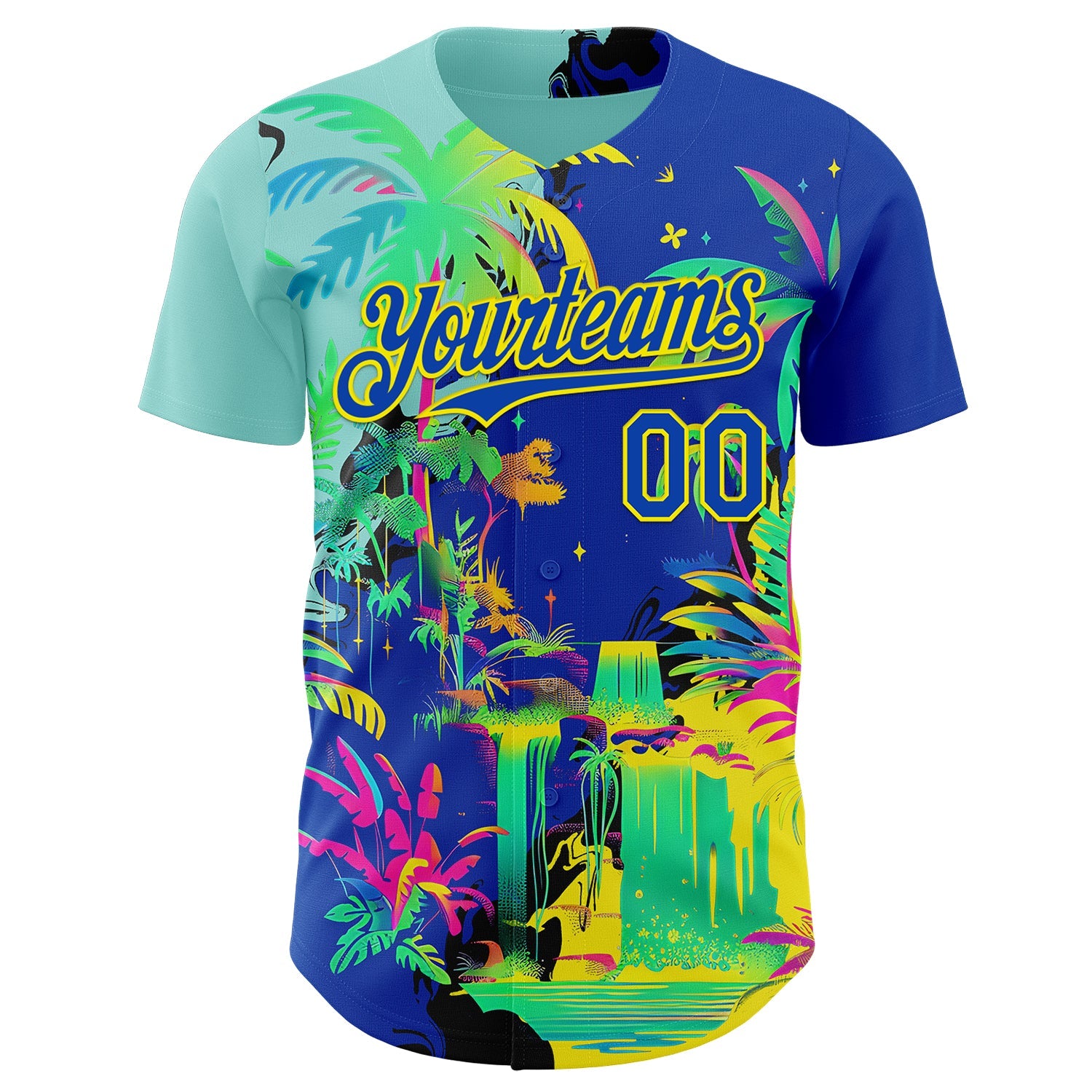 Custom Thunder Blue Green-Light Yellow Cyber Tropical Palm Trees Music Festival Authentic Baseball Jersey view 2