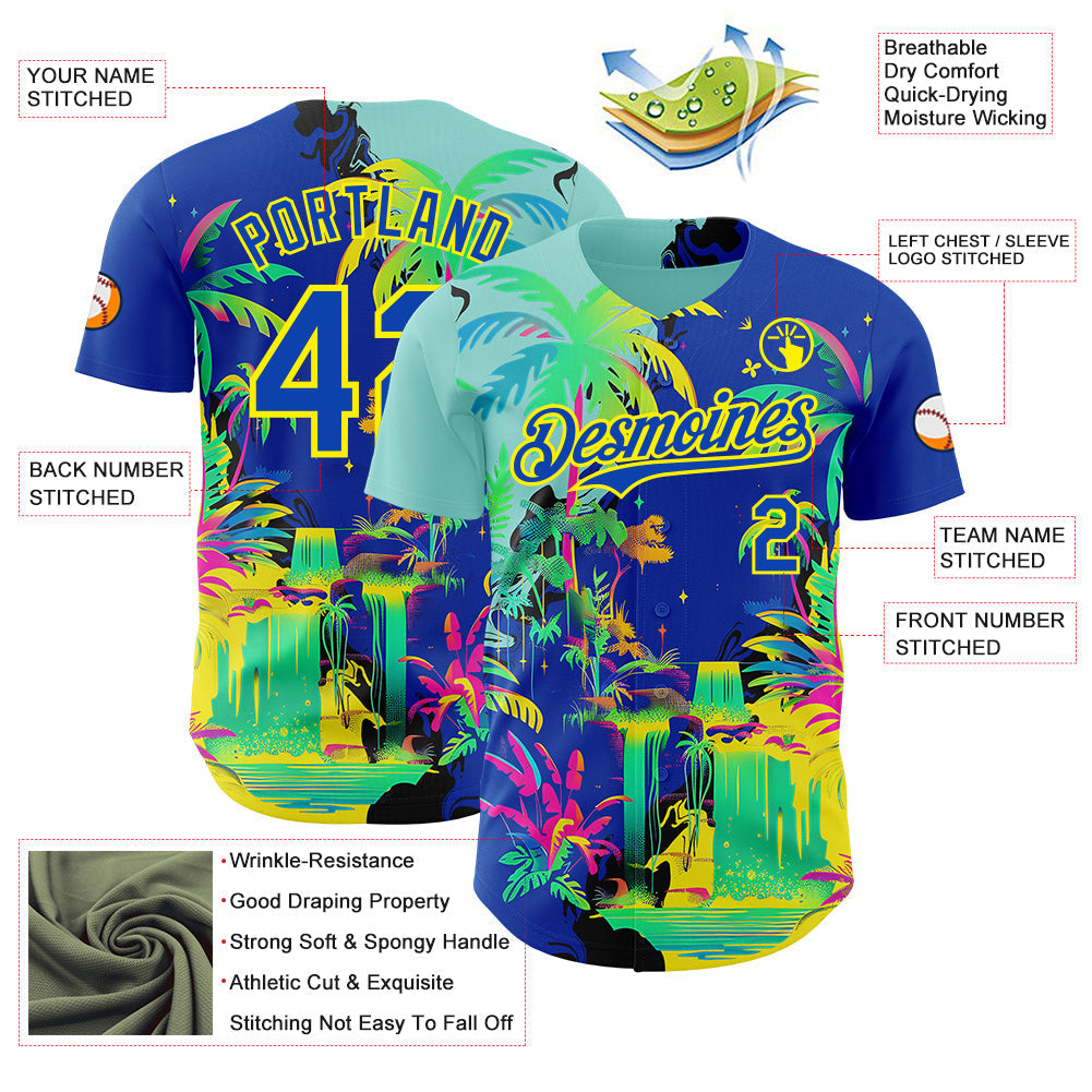 Custom Thunder Blue Green-Light Yellow Cyber Tropical Palm Trees Music Festival Authentic Baseball Jersey view 3