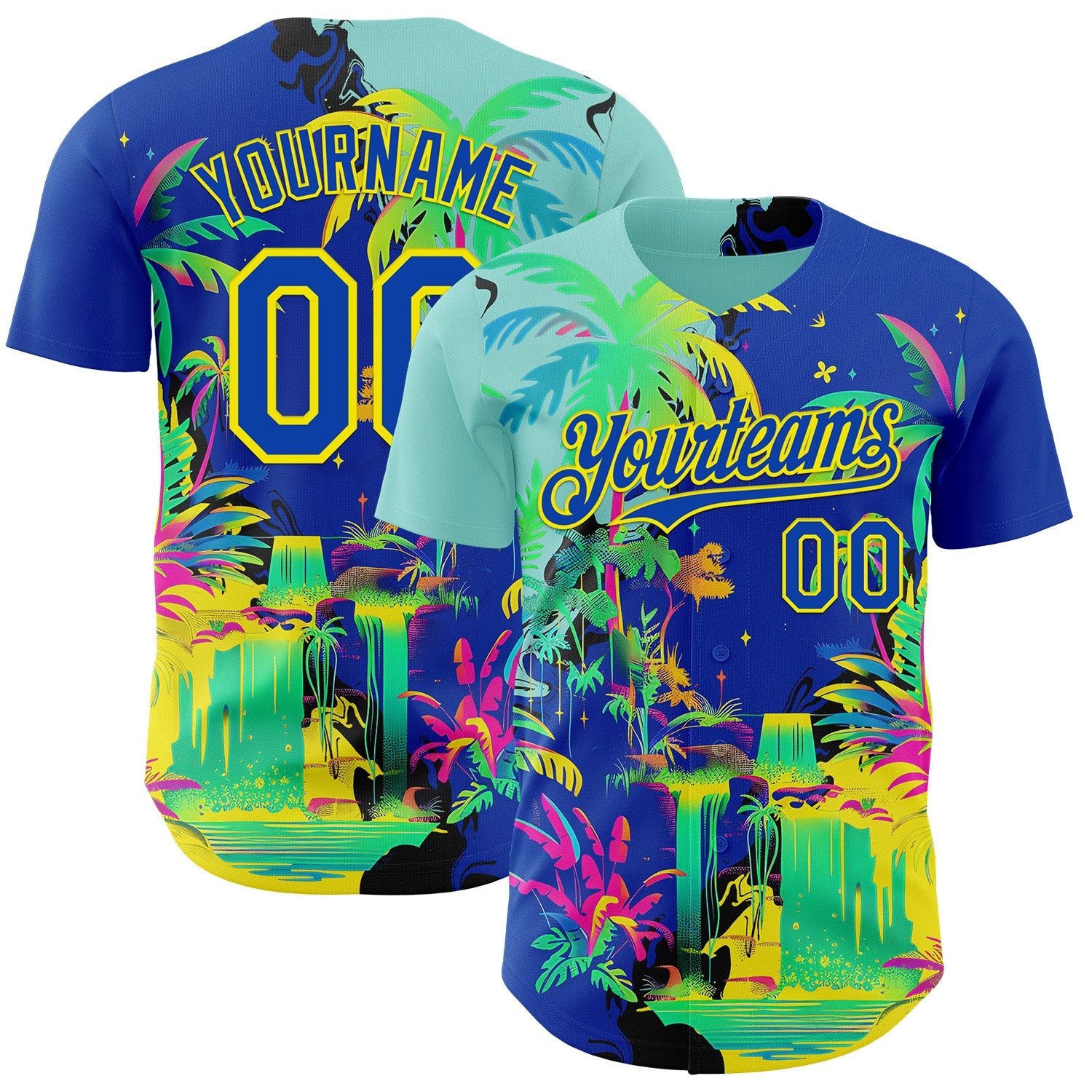 Custom Thunder Blue Green-Light Yellow Cyber Tropical Palm Trees Music Festival Authentic Baseball Jersey - Main View
