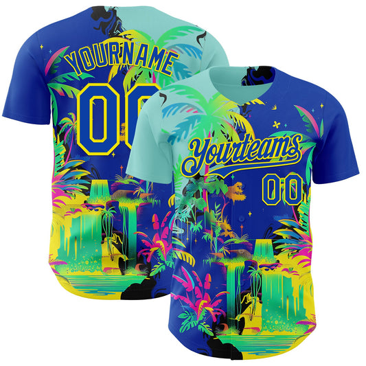 Custom Thunder Blue Green-Light Yellow Cyber Tropical Palm Trees Music Festival Authentic Baseball Jersey - Main View