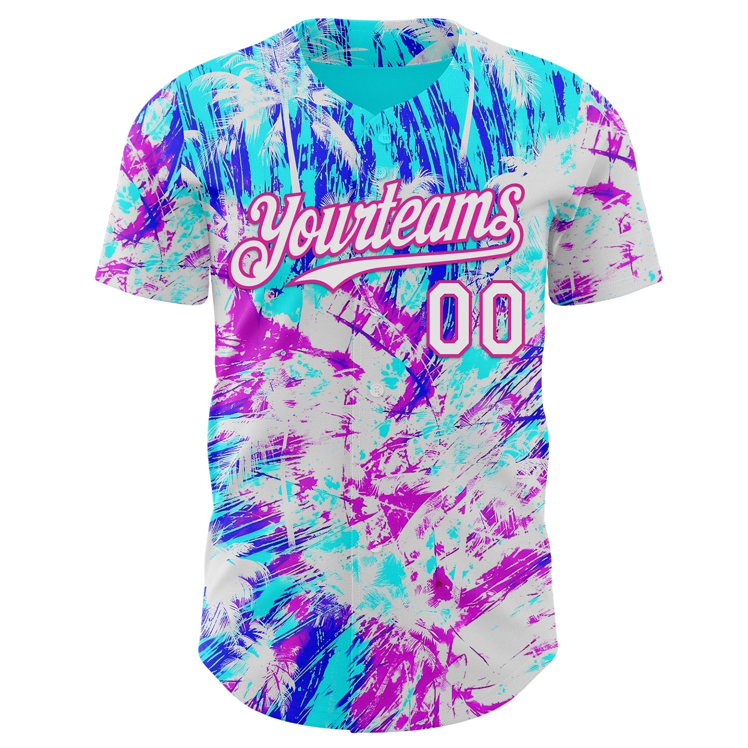 Custom Ice Blue White Blue-Deep Pink Cyber Tropical Palm Trees Music Festival Authentic Baseball Jersey view 2