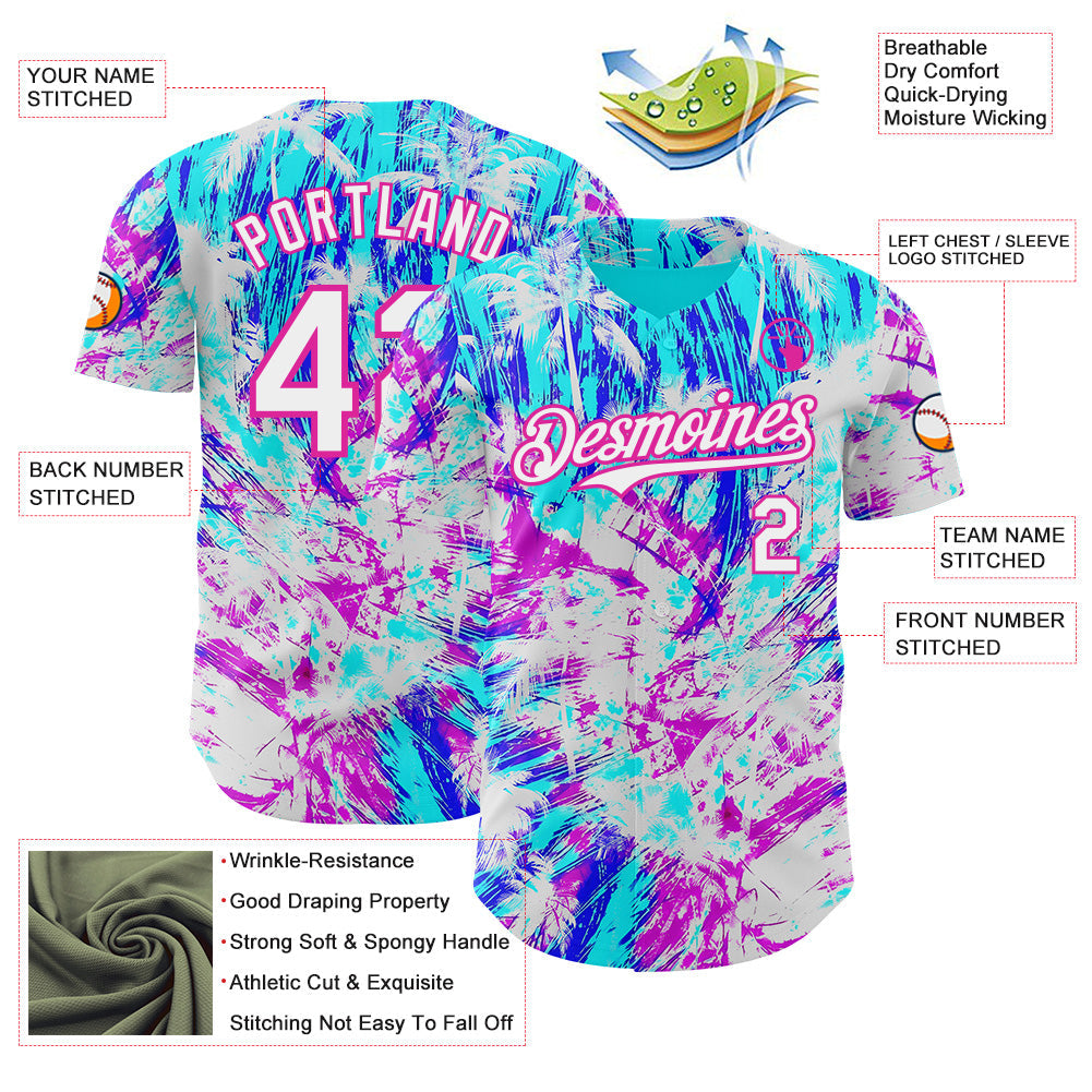 Custom Ice Blue White Blue-Deep Pink Cyber Tropical Palm Trees Music Festival Authentic Baseball Jersey view 3