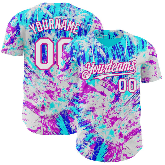 Custom Ice Blue White Blue-Deep Pink Cyber Tropical Palm Trees Music Festival Authentic Baseball Jersey - Main View