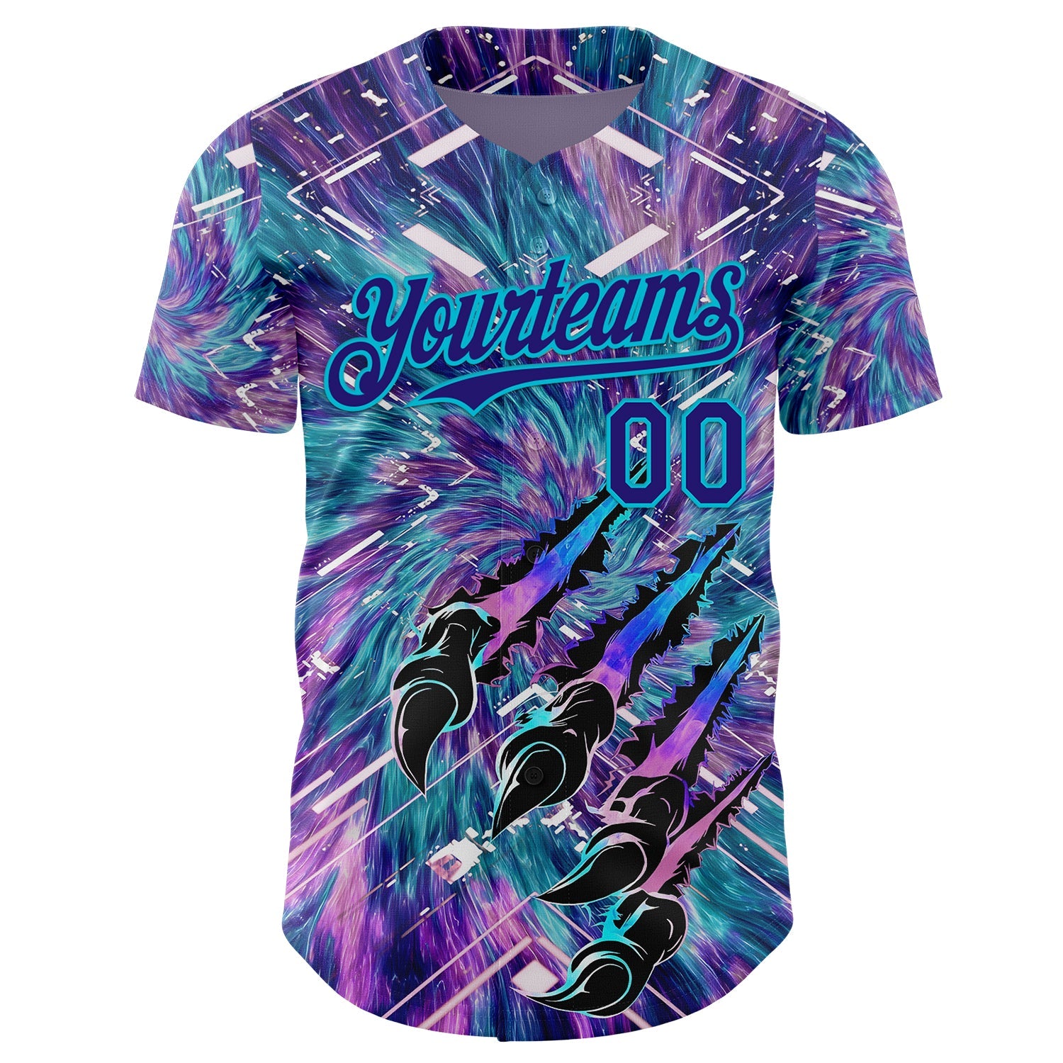 Custom Purple Dark Purple Black-Lakes Blue Cyber Tropical Palm Trees Music Festival Claw Marks Authentic Baseball Jersey view 2