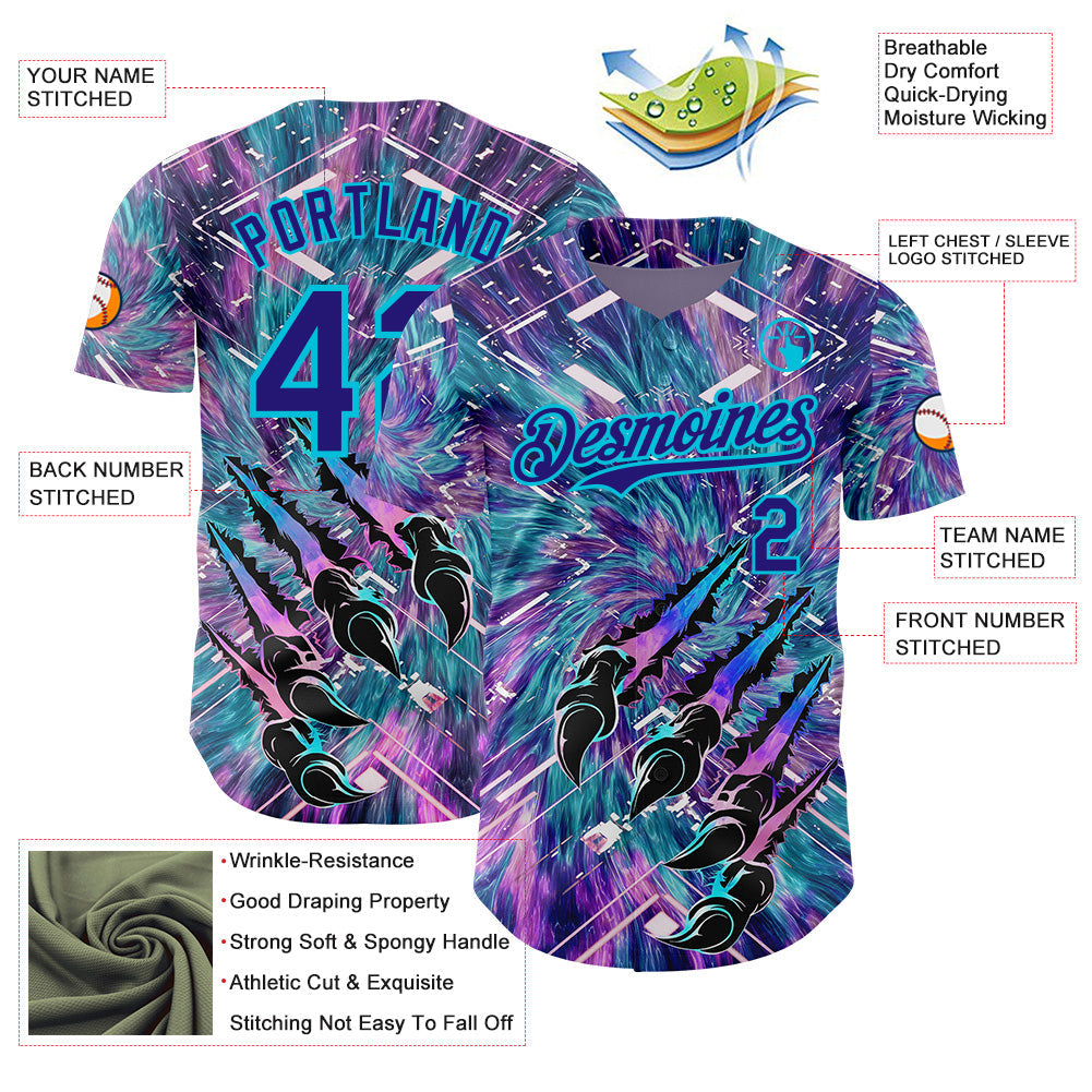 Custom Purple Dark Purple Black-Lakes Blue Cyber Tropical Palm Trees Music Festival Claw Marks Authentic Baseball Jersey view 3