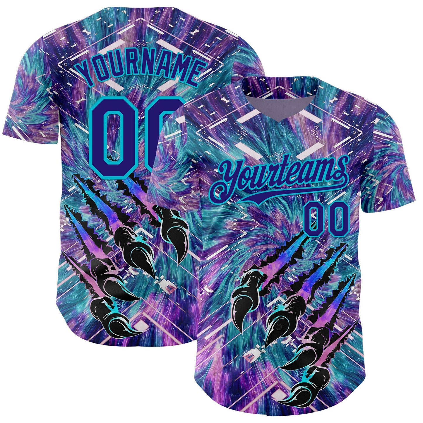 Custom Purple Dark Purple Black-Lakes Blue Cyber Tropical Palm Trees Music Festival Claw Marks Authentic Baseball Jersey - Main View