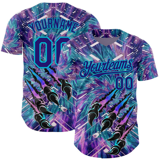Custom Purple Dark Purple Black-Lakes Blue Cyber Tropical Palm Trees Music Festival Claw Marks Authentic Baseball Jersey - Main View