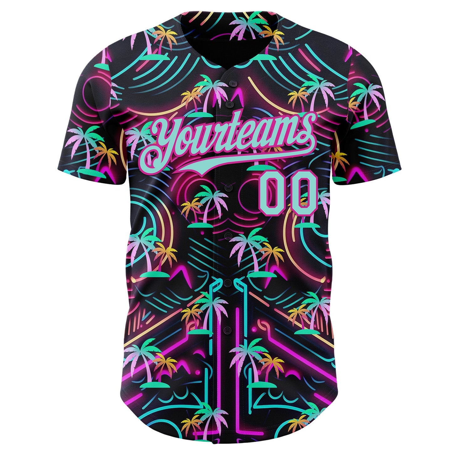 Custom Black Ice Blue-Deep Pink Cyber Tropical Palm Trees Music Festival Authentic Baseball Jersey view 2