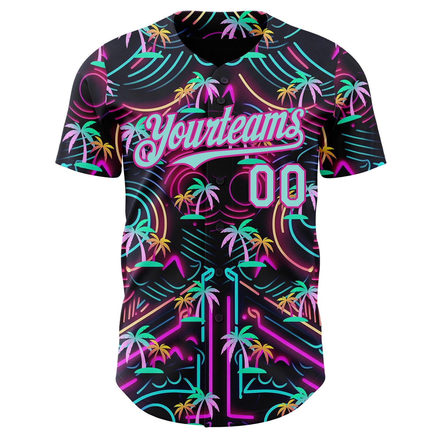 Custom Black Ice Blue-Deep Pink Cyber Tropical Palm Trees Music Festival Authentic Baseball Jersey view 2