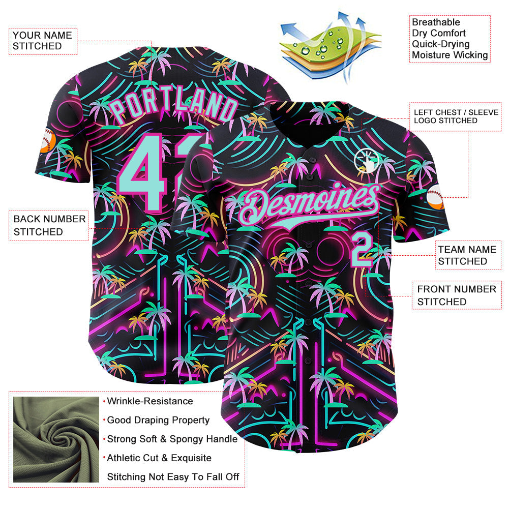 Custom Black Ice Blue-Deep Pink Cyber Tropical Palm Trees Music Festival Authentic Baseball Jersey view 3