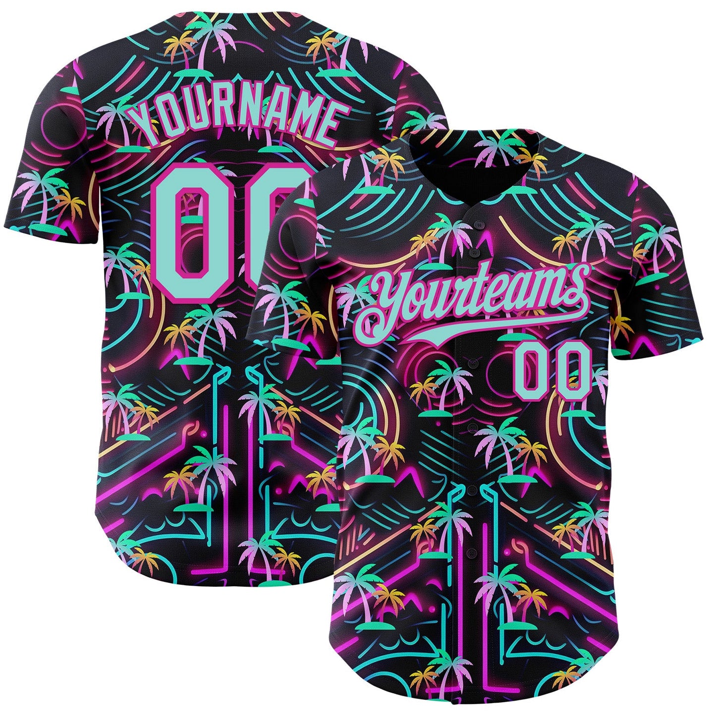 Custom Black Ice Blue-Deep Pink Cyber Tropical Palm Trees Music Festival Authentic Baseball Jersey - Main View