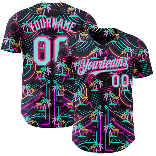Custom Black Ice Blue-Deep Pink Cyber Tropical Palm Trees Music Festival Authentic Baseball Jersey - Main View