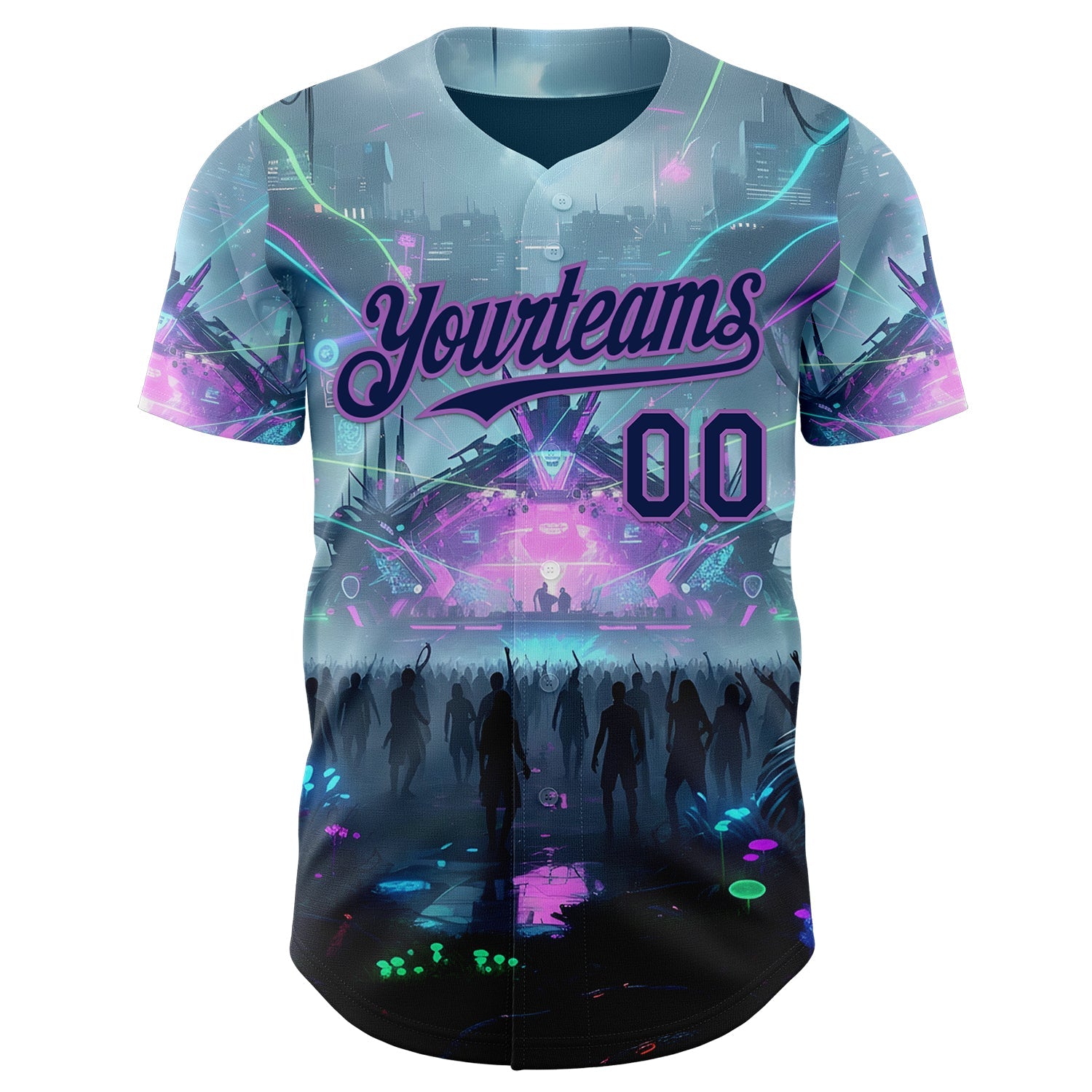Custom Gray Navy Black-Medium Purple Cyber Tropical Palm Trees Music Festival Authentic Baseball Jersey view 2