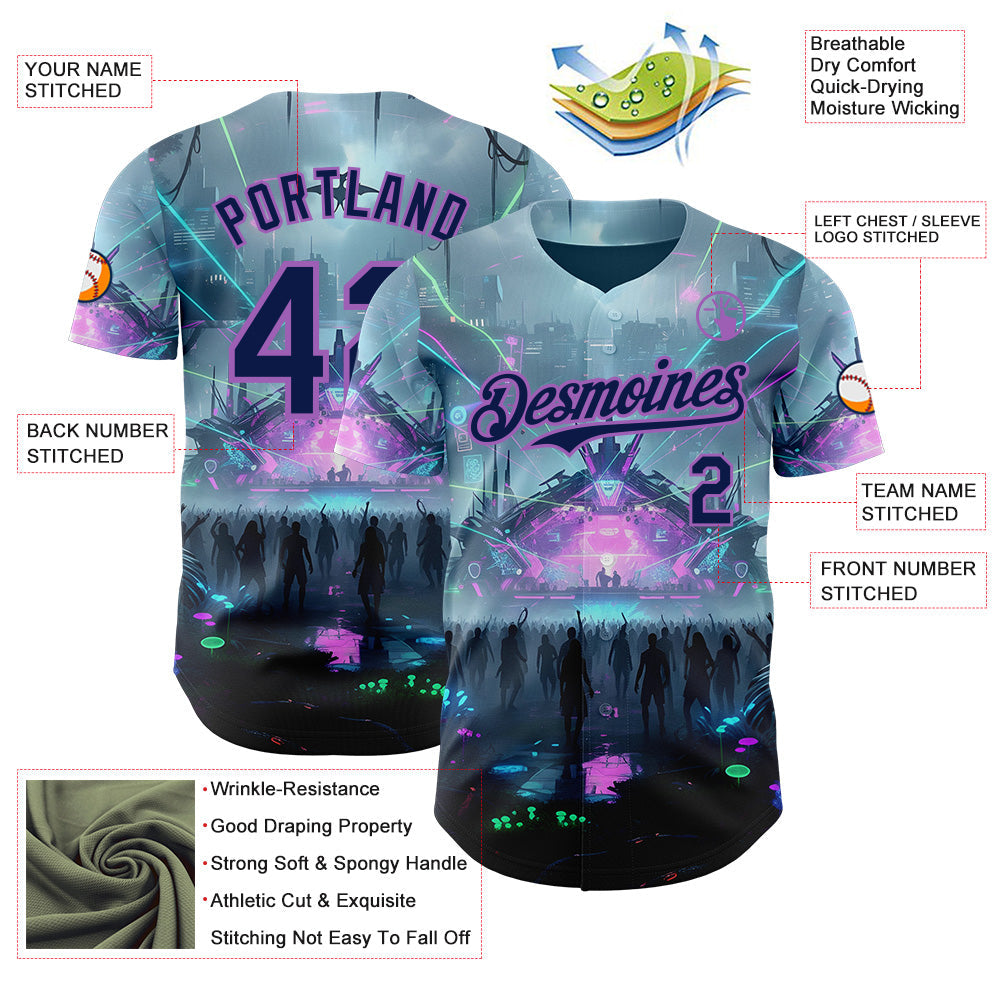 Custom Gray Navy Black-Medium Purple Cyber Tropical Palm Trees Music Festival Authentic Baseball Jersey view 3
