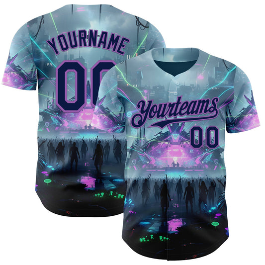 Custom Gray Navy Black-Medium Purple Cyber Tropical Palm Trees Music Festival Authentic Baseball Jersey - Main View