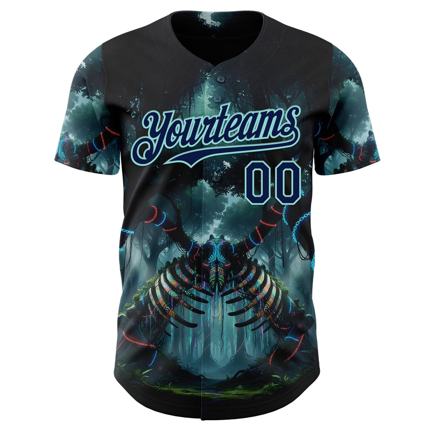 Custom Black Navy-Ice Blue Cyber Tropical Palm Trees Gothic Fantasy Authentic Baseball Jersey view 2