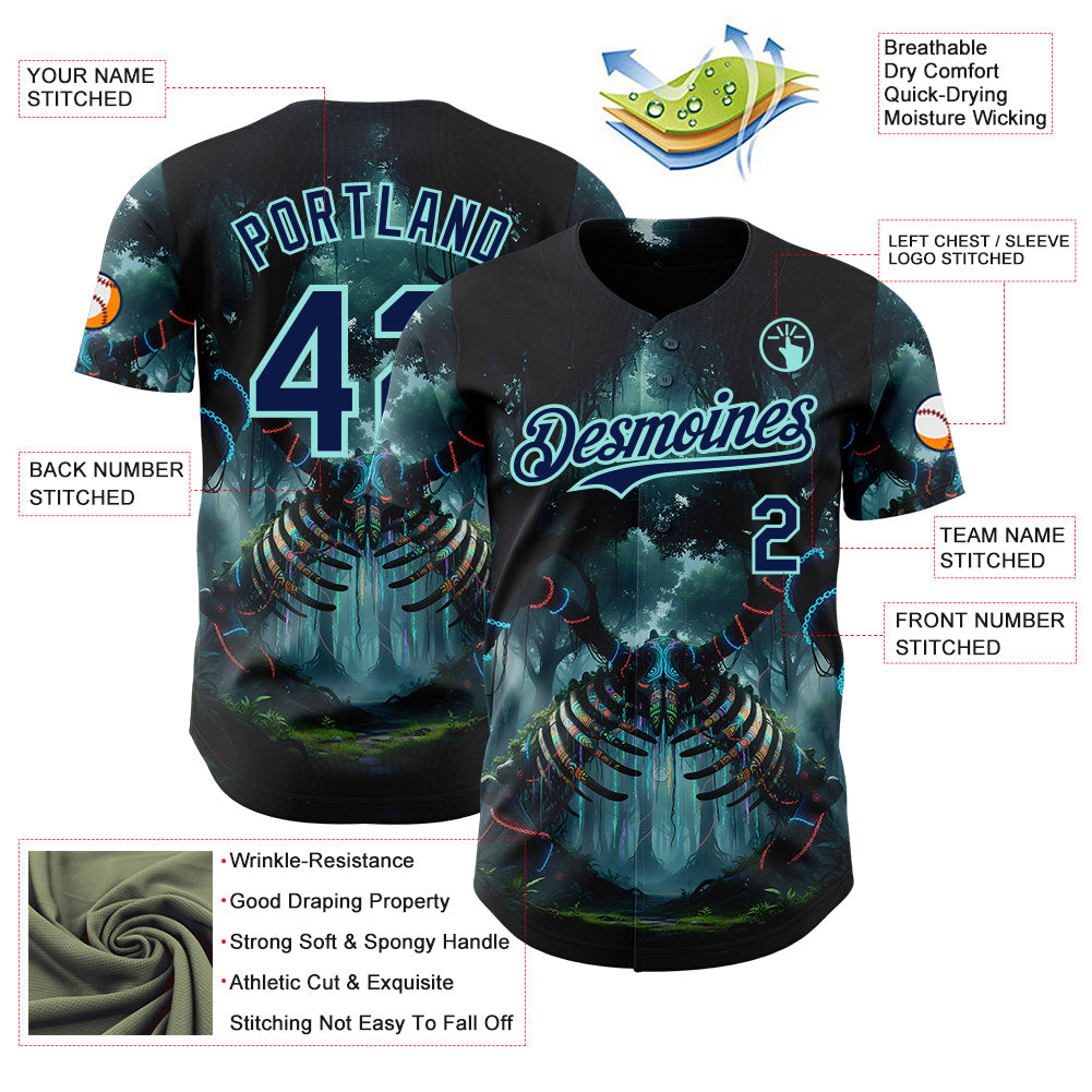 Custom Black Navy-Ice Blue Cyber Tropical Palm Trees Gothic Fantasy Authentic Baseball Jersey view 3