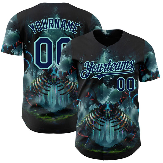 Custom Black Navy-Ice Blue Cyber Tropical Palm Trees Gothic Fantasy Authentic Baseball Jersey - Main View