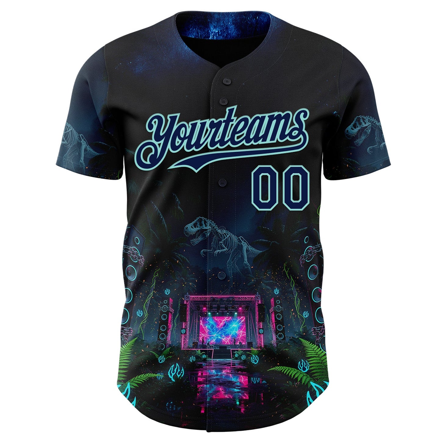 Custom Black Navy-Ice Blue Cyber Tropical Palm Trees Music Festival Gothic Fantasy Authentic Baseball Jersey view 2