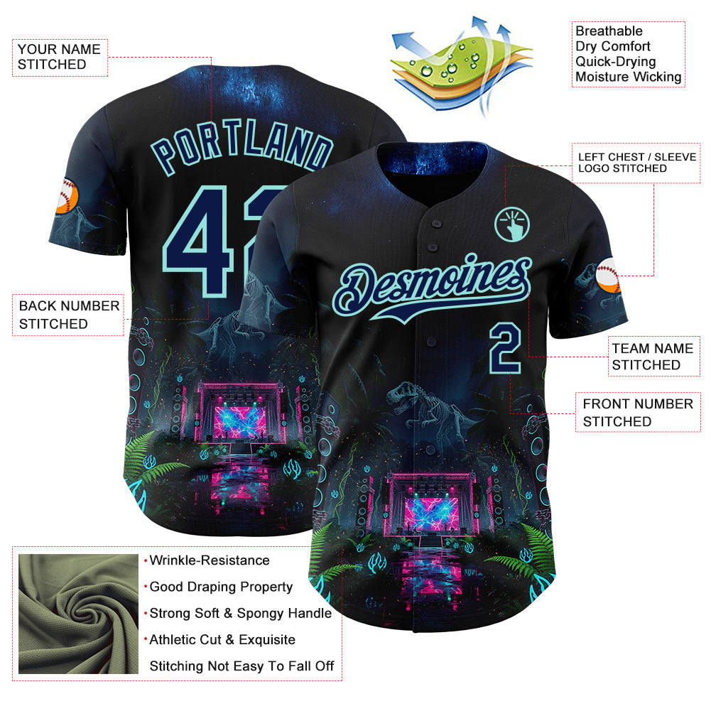 Custom Black Navy-Ice Blue Cyber Tropical Palm Trees Music Festival Gothic Fantasy Authentic Baseball Jersey view 3