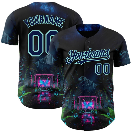 Custom Black Navy-Ice Blue Cyber Tropical Palm Trees Music Festival Gothic Fantasy Authentic Baseball Jersey - Main View