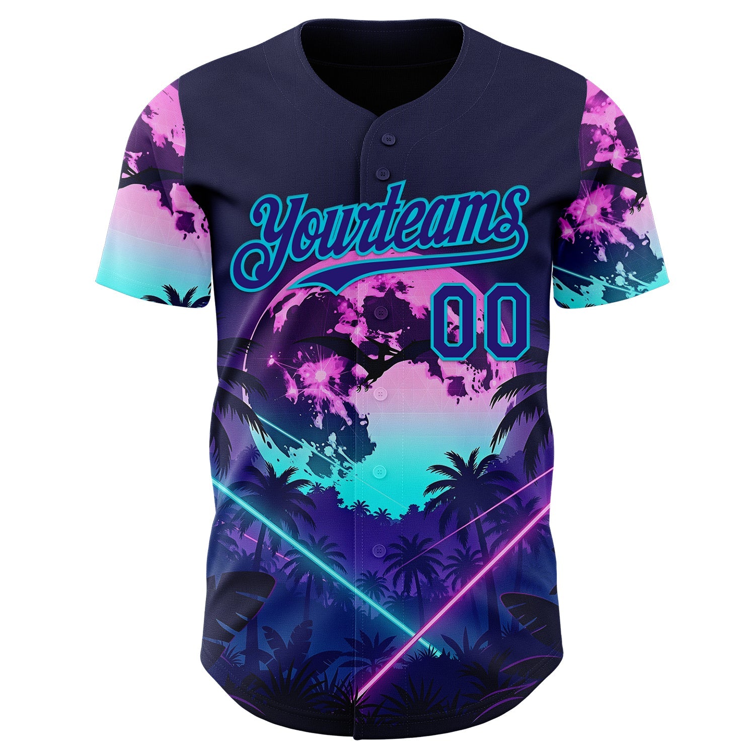 Custom Blue Dark Purple-Lakes Blue Cyber Tropical Palm Trees Gothic Fantasy Authentic Baseball Jersey view 2