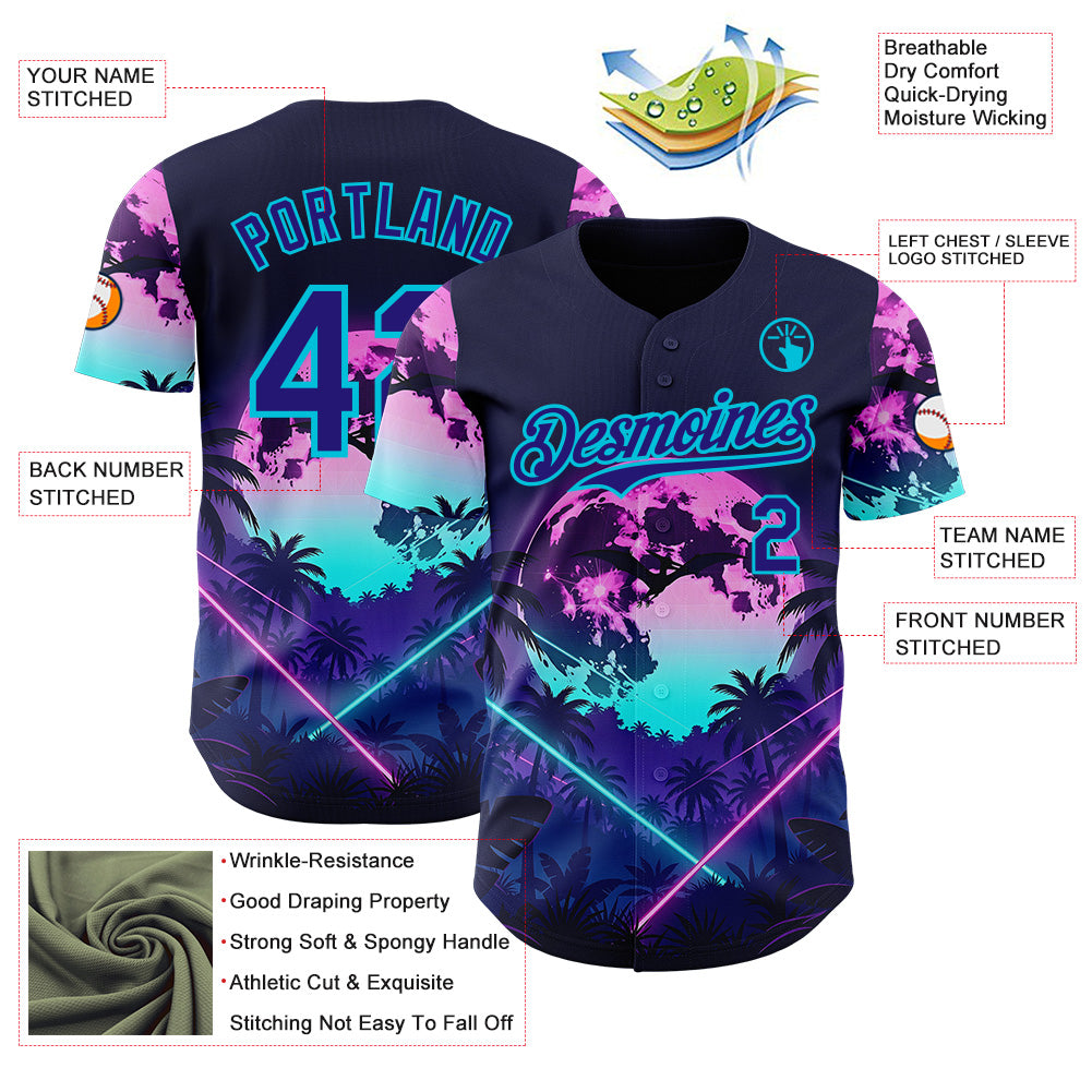 Custom Blue Dark Purple-Lakes Blue Cyber Tropical Palm Trees Gothic Fantasy Authentic Baseball Jersey view 3