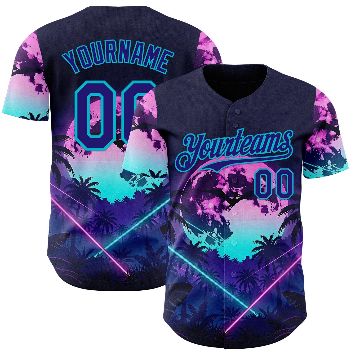 Custom Blue Dark Purple-Lakes Blue Cyber Tropical Palm Trees Gothic Fantasy Authentic Baseball Jersey - Main View