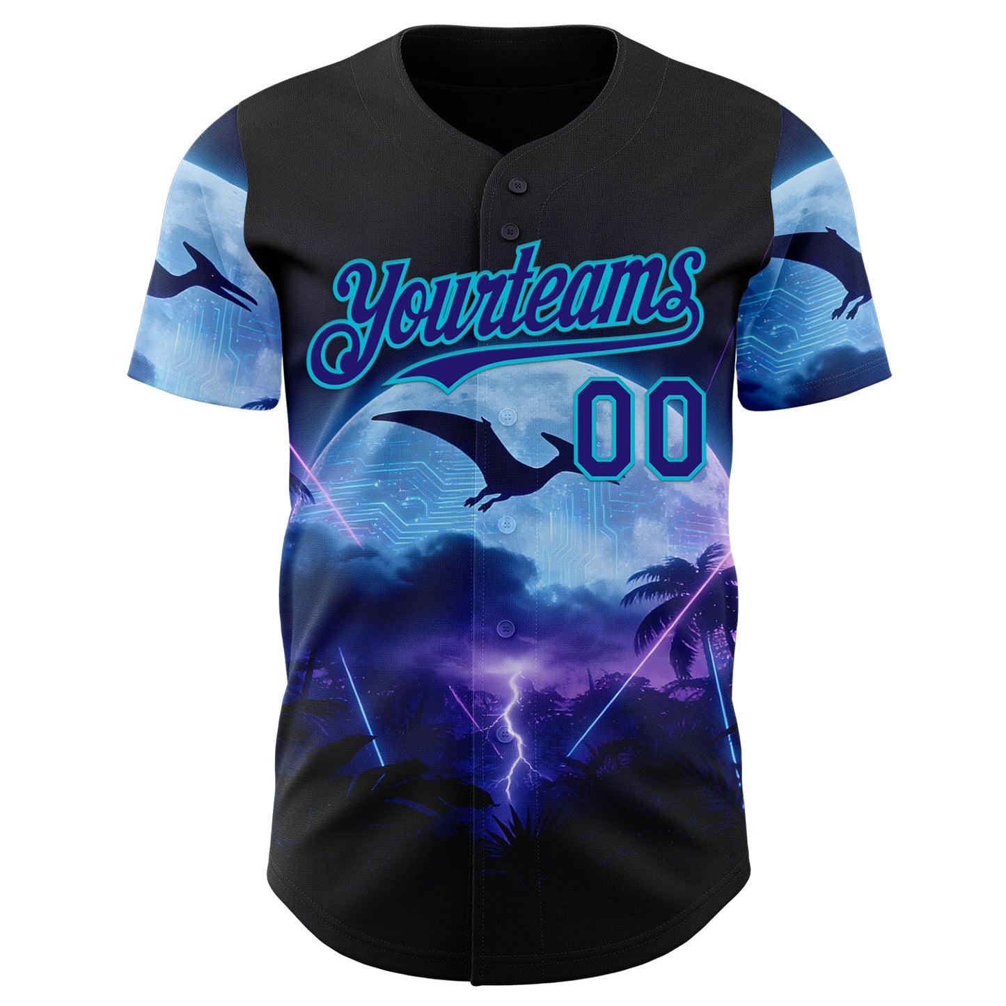 Custom Black Dark Purple-Lakes Blue Cyber Tropical Palm Trees Gothic Fantasy Authentic Baseball Jersey view 2