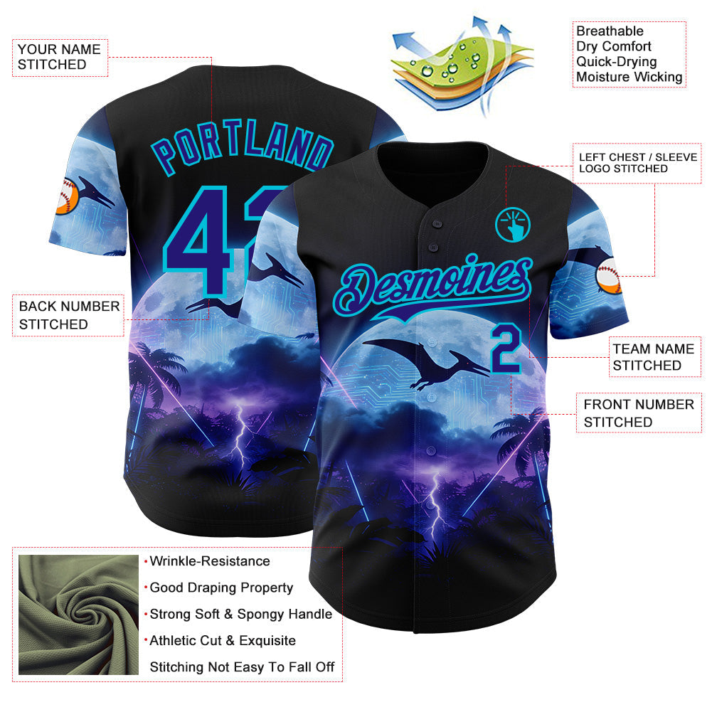 Custom Black Dark Purple-Lakes Blue Cyber Tropical Palm Trees Gothic Fantasy Authentic Baseball Jersey view 3