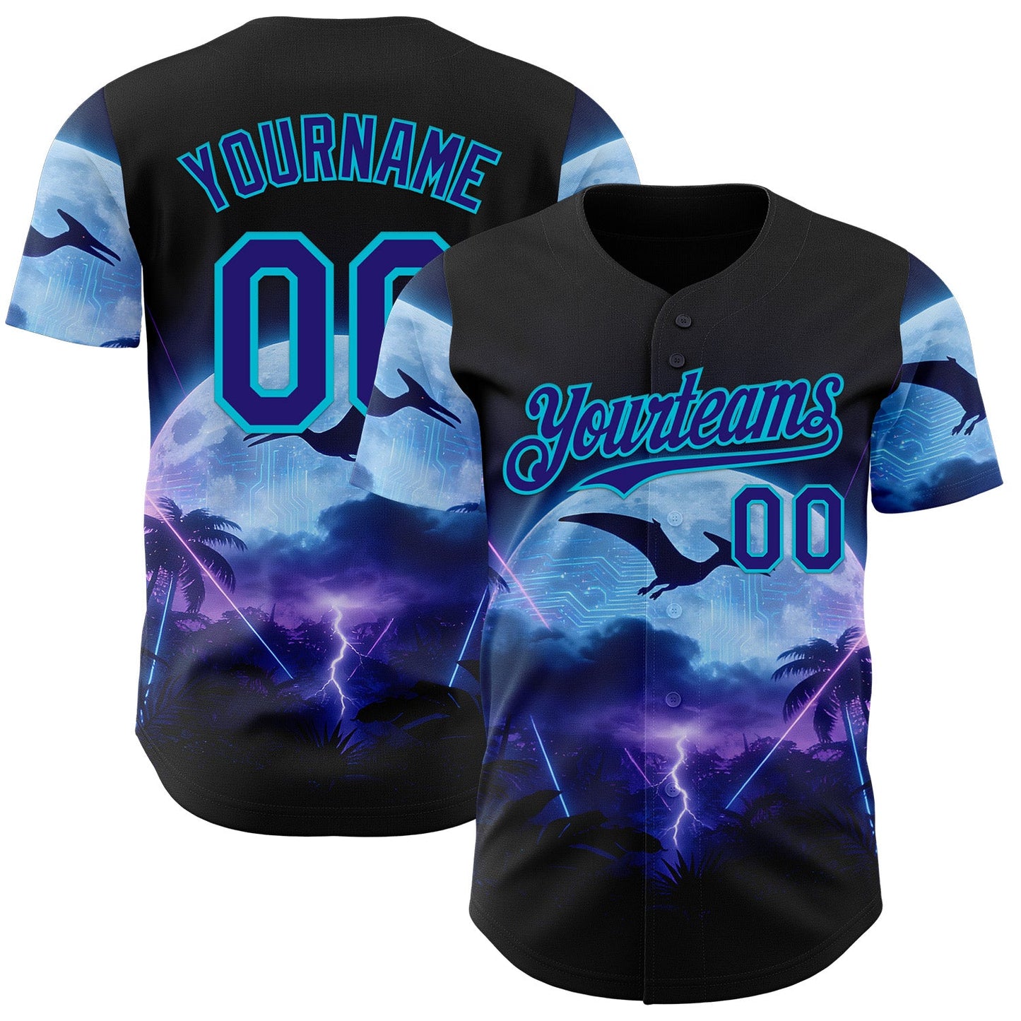 Custom Black Dark Purple-Lakes Blue Cyber Tropical Palm Trees Gothic Fantasy Authentic Baseball Jersey - Main View