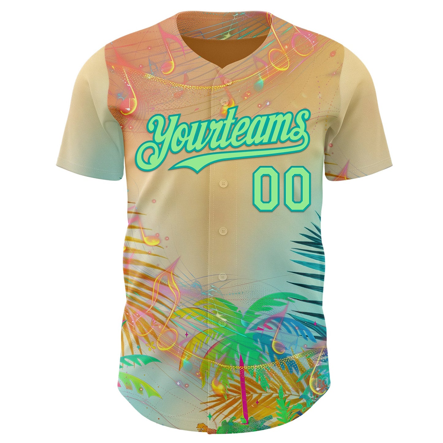 Custom Yellow Pea Green-Aqua Cyber Tropical Palm Trees Music Festival Authentic Baseball Jersey view 2