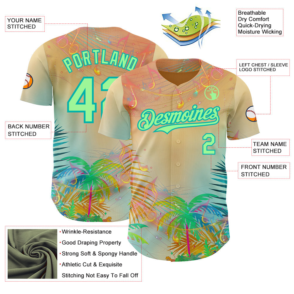 Custom Yellow Pea Green-Aqua Cyber Tropical Palm Trees Music Festival Authentic Baseball Jersey view 3