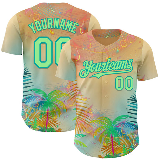 Custom Yellow Pea Green-Aqua Cyber Tropical Palm Trees Music Festival Authentic Baseball Jersey - Main View