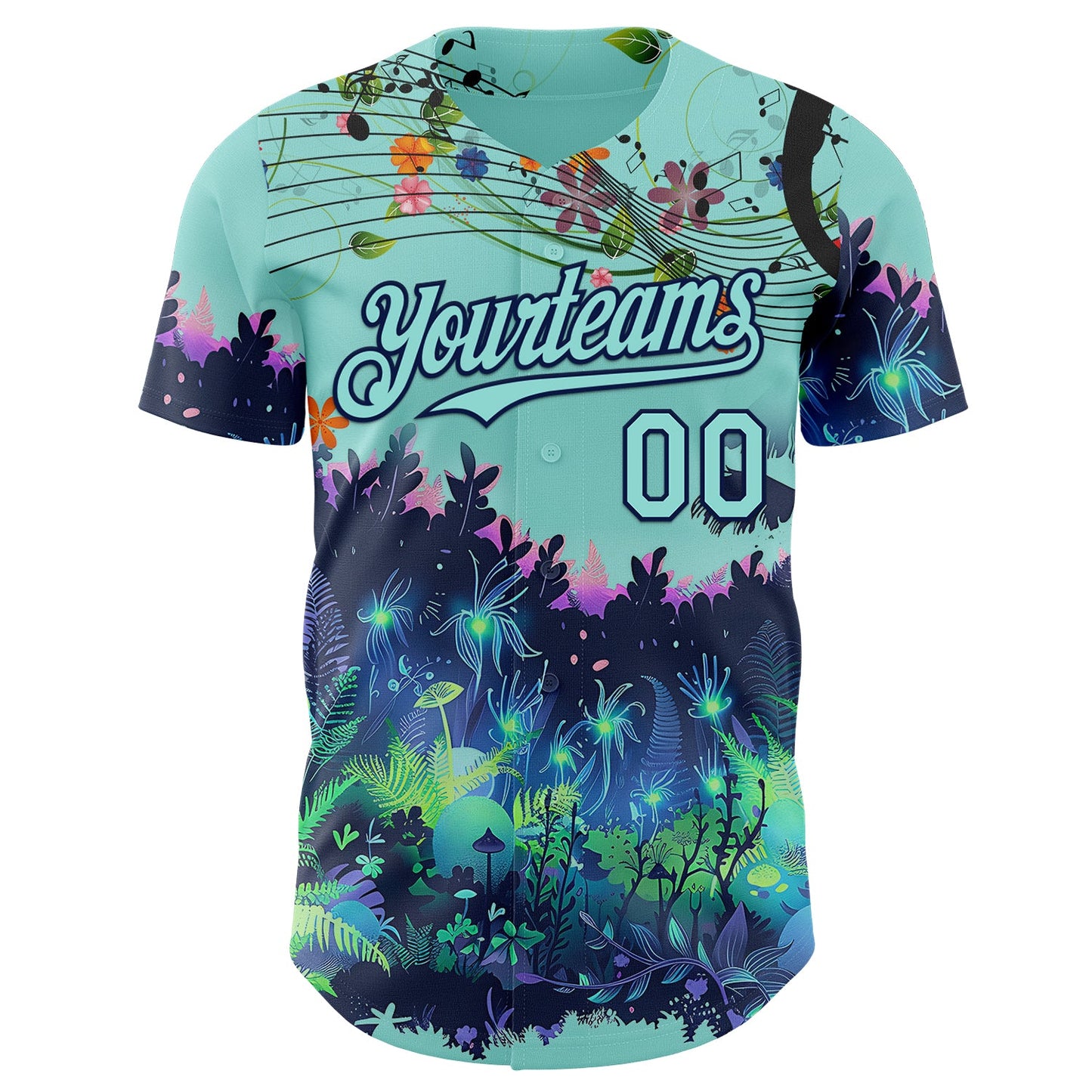 Custom Ice Blue-Navy Cyber Tropical Palm Trees Music Festival Authentic Baseball Jersey view 2