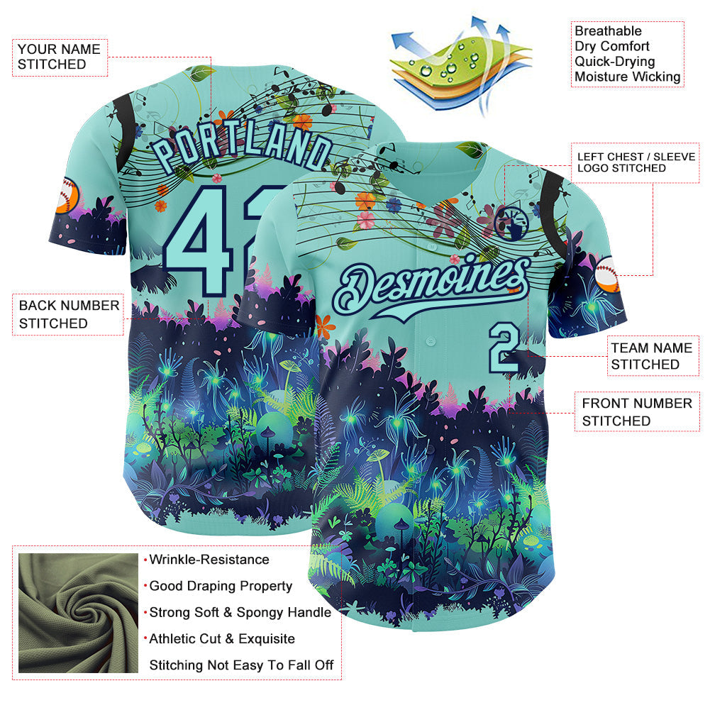Custom Ice Blue-Navy Cyber Tropical Palm Trees Music Festival Authentic Baseball Jersey view 3