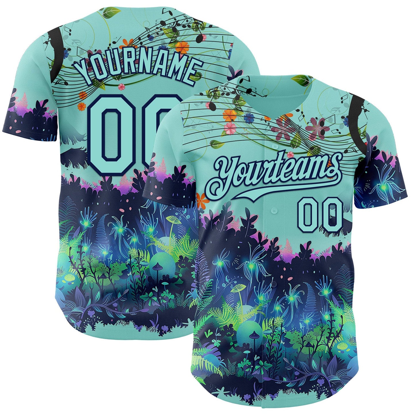 Custom Ice Blue-Navy Cyber Tropical Palm Trees Music Festival Authentic Baseball Jersey - Main View