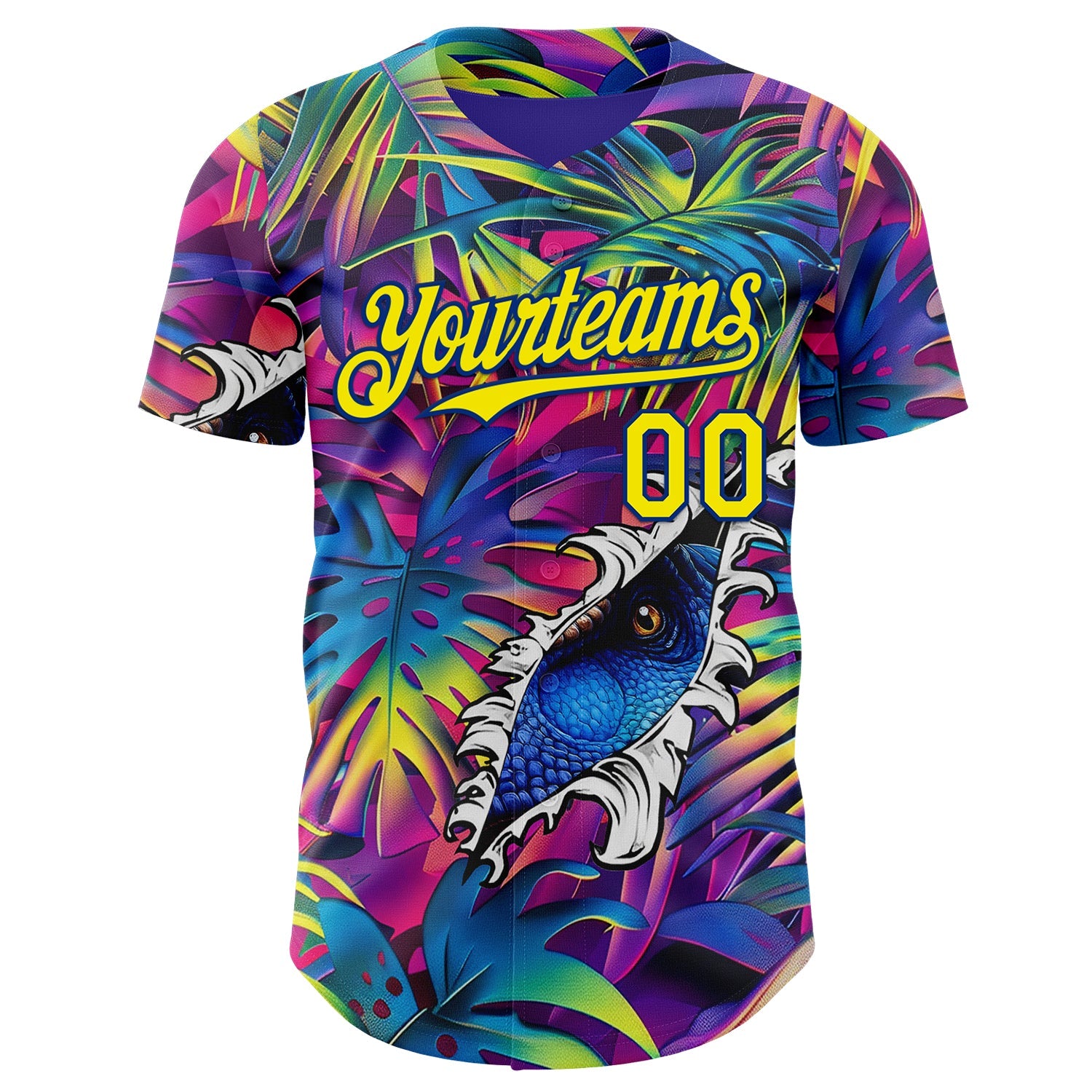 Custom Purple Light Yellow-Royal Cyber Tropical Palm Trees Music Festival Gothic Fantasy Authentic Baseball Jersey view 2