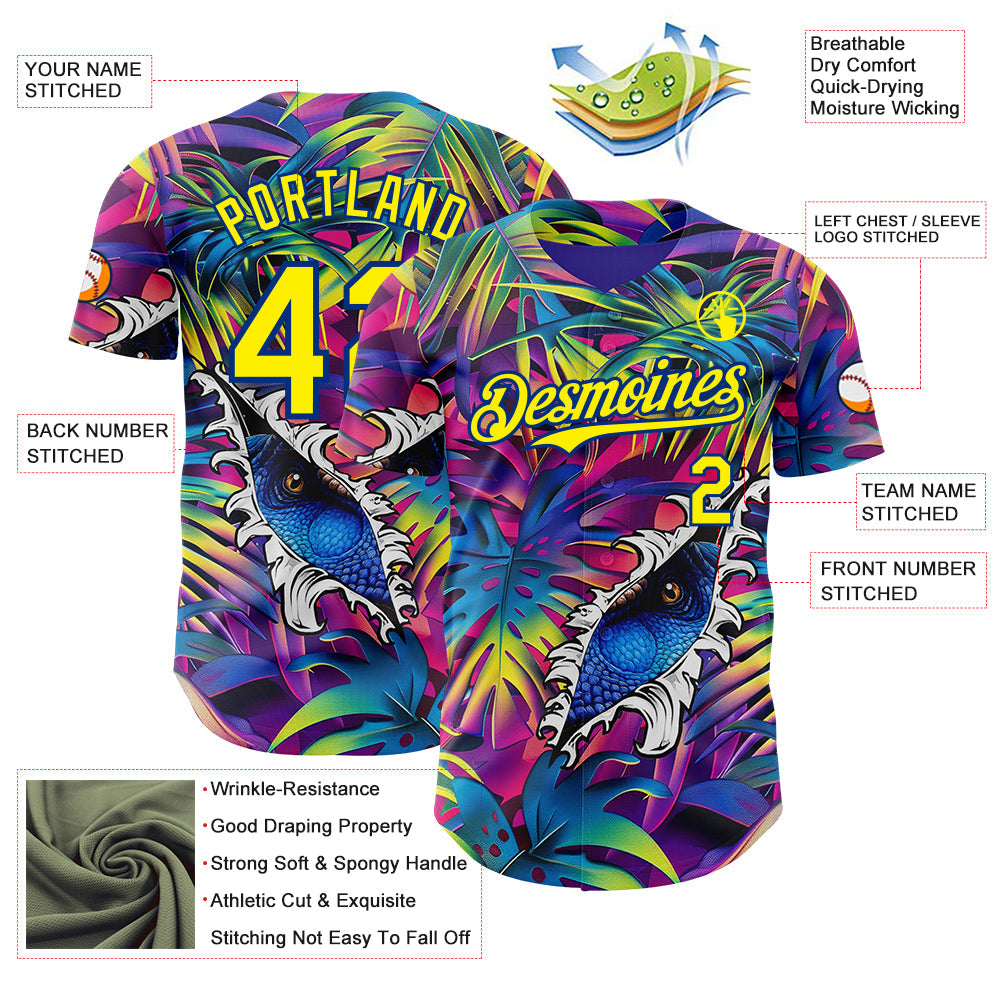 Custom Purple Light Yellow-Royal Cyber Tropical Palm Trees Music Festival Gothic Fantasy Authentic Baseball Jersey view 3