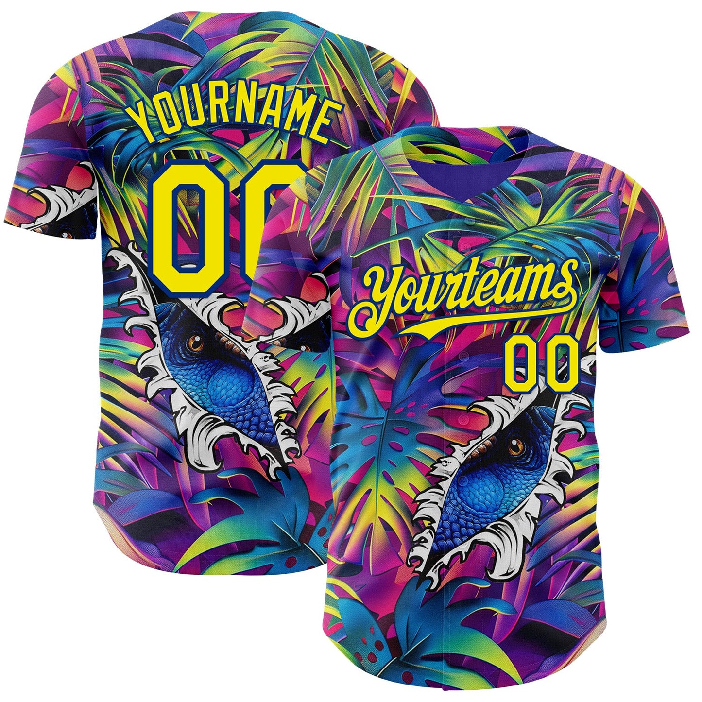 Custom Purple Light Yellow-Royal Cyber Tropical Palm Trees Music Festival Gothic Fantasy Authentic Baseball Jersey - Main View