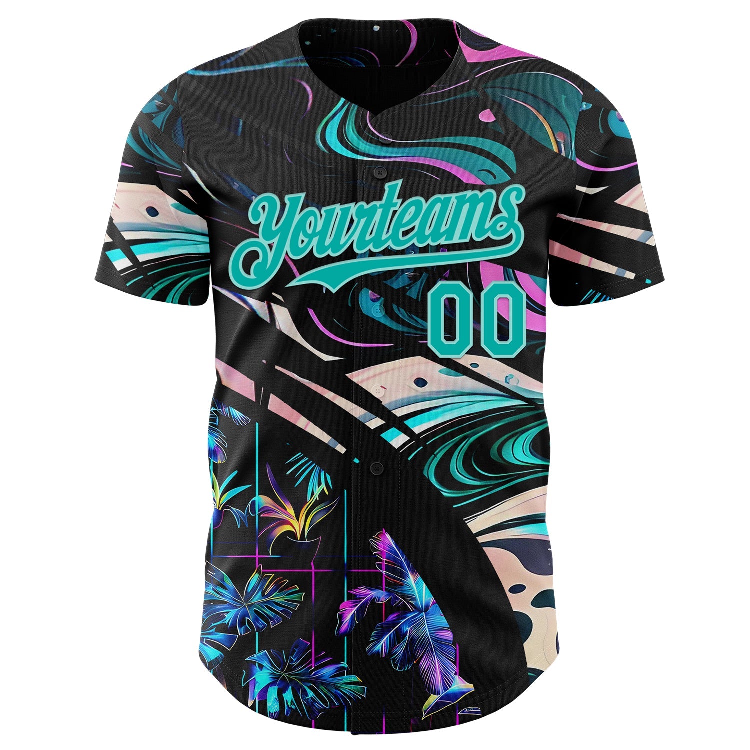 Custom Black Aqua-Ice Blue Cyber Tropical Palm Trees Music Festival Fluid Liquid Authentic Baseball Jersey view 2
