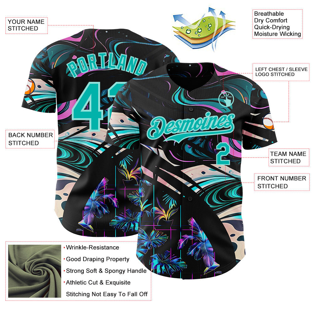 Custom Black Aqua-Ice Blue Cyber Tropical Palm Trees Music Festival Fluid Liquid Authentic Baseball Jersey view 3