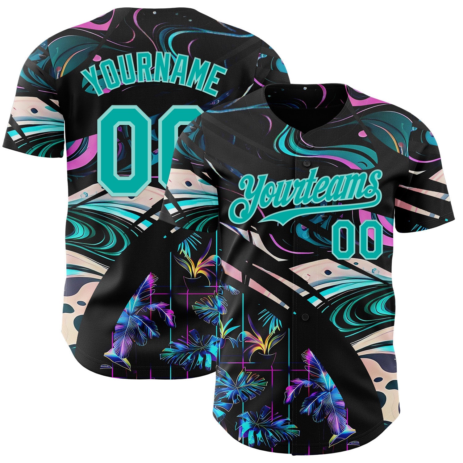Custom Black Aqua-Ice Blue Cyber Tropical Palm Trees Music Festival Fluid Liquid Authentic Baseball Jersey - Main View