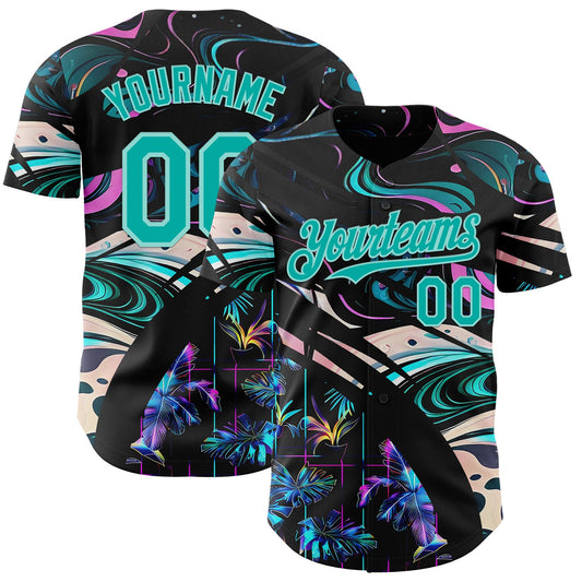 Custom Black Aqua-Ice Blue Cyber Tropical Palm Trees Music Festival Fluid Liquid Authentic Baseball Jersey - Main View