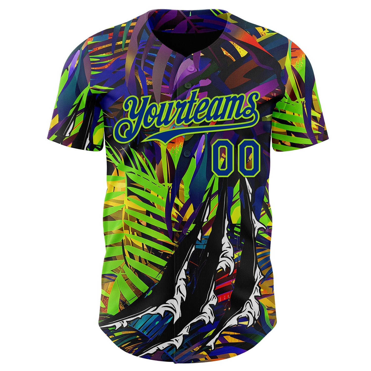 Custom Black Royal-Neon Green Cyber Tropical Palm Trees Music Festival Claw Marks Authentic Baseball Jersey view 2