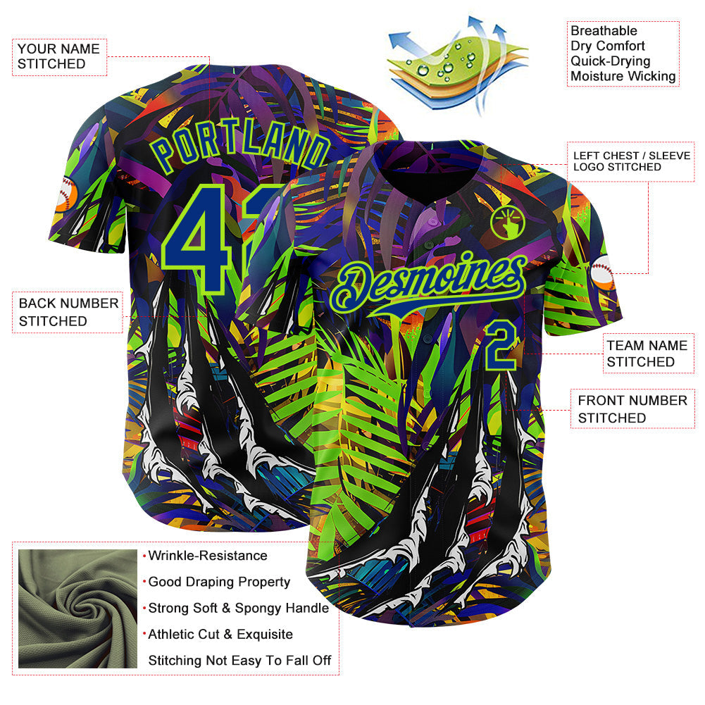 Custom Black Royal-Neon Green Cyber Tropical Palm Trees Music Festival Claw Marks Authentic Baseball Jersey view 3