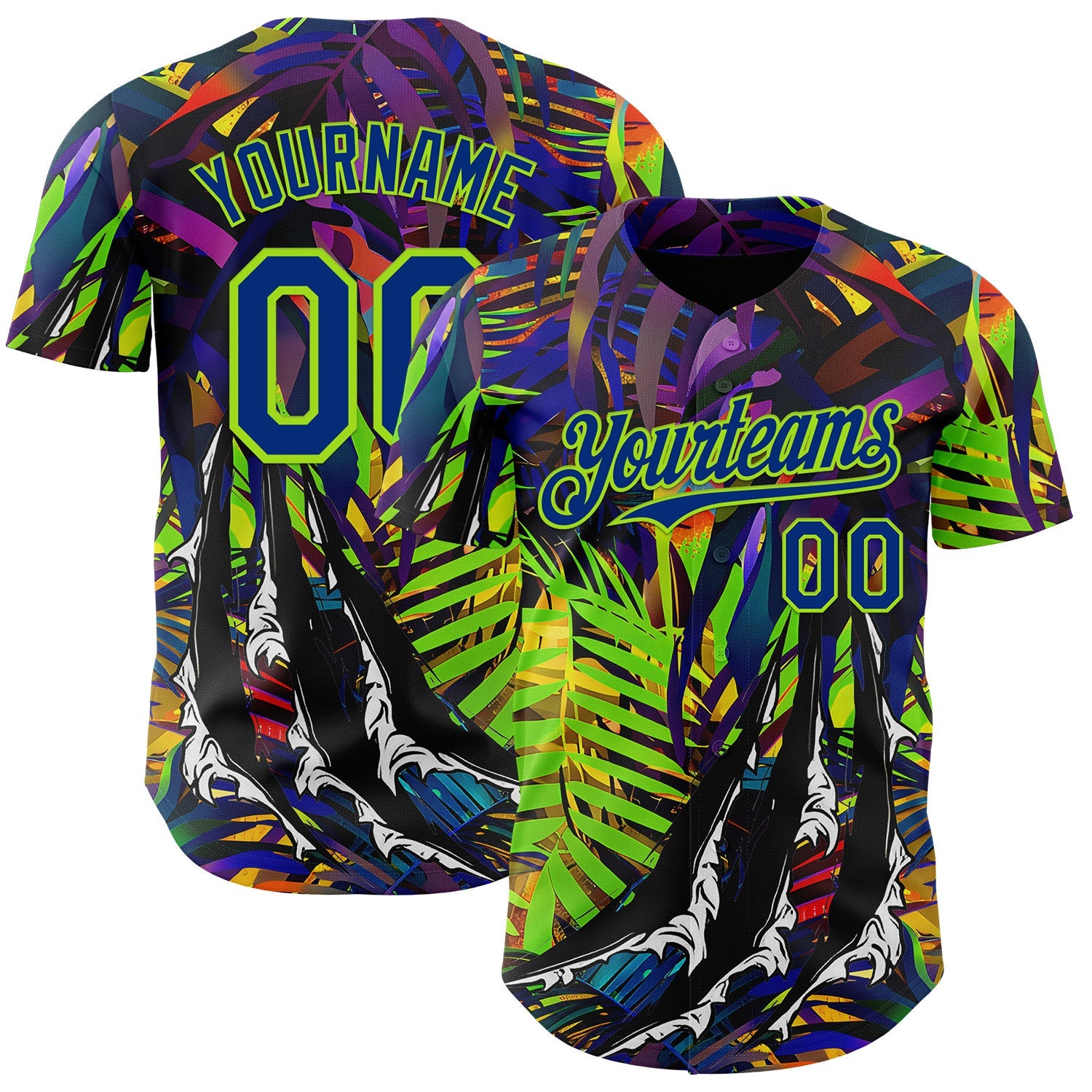 Custom Black Royal-Neon Green Cyber Tropical Palm Trees Music Festival Claw Marks Authentic Baseball Jersey - Main View