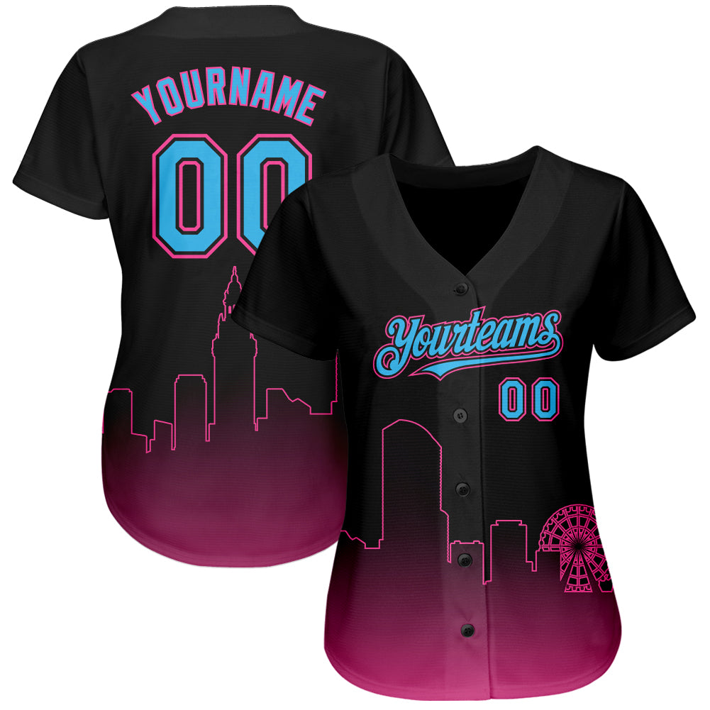 Custom Black Sky Blue-Pink 3D Miami City Edition Fade Fashion Authentic Baseball Jersey view 2