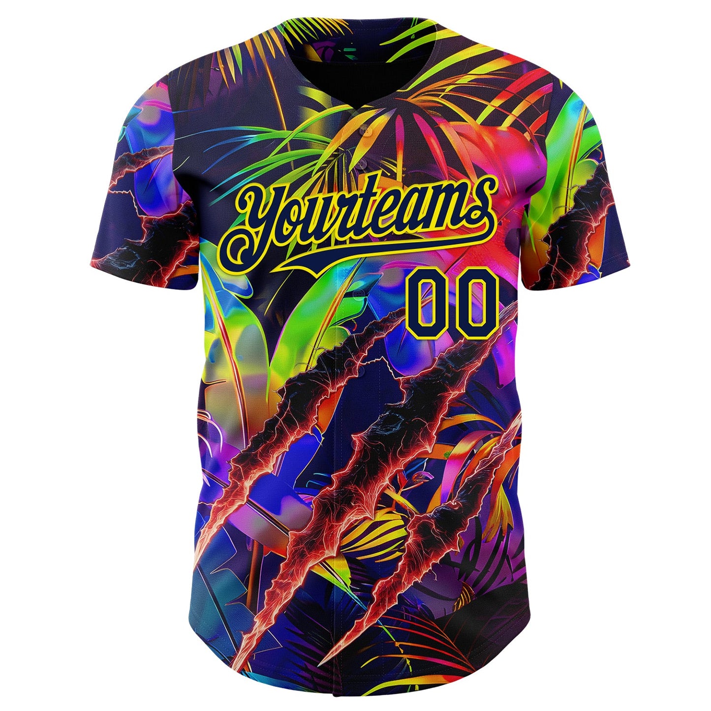 Custom Black Navy-Light Yellow Cyber Tropical Palm Trees Music Festival Claw Marks Authentic Baseball Jersey view 2