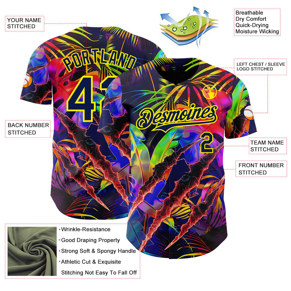 Custom Black Navy-Light Yellow Cyber Tropical Palm Trees Music Festival Claw Marks Authentic Baseball Jersey view 3